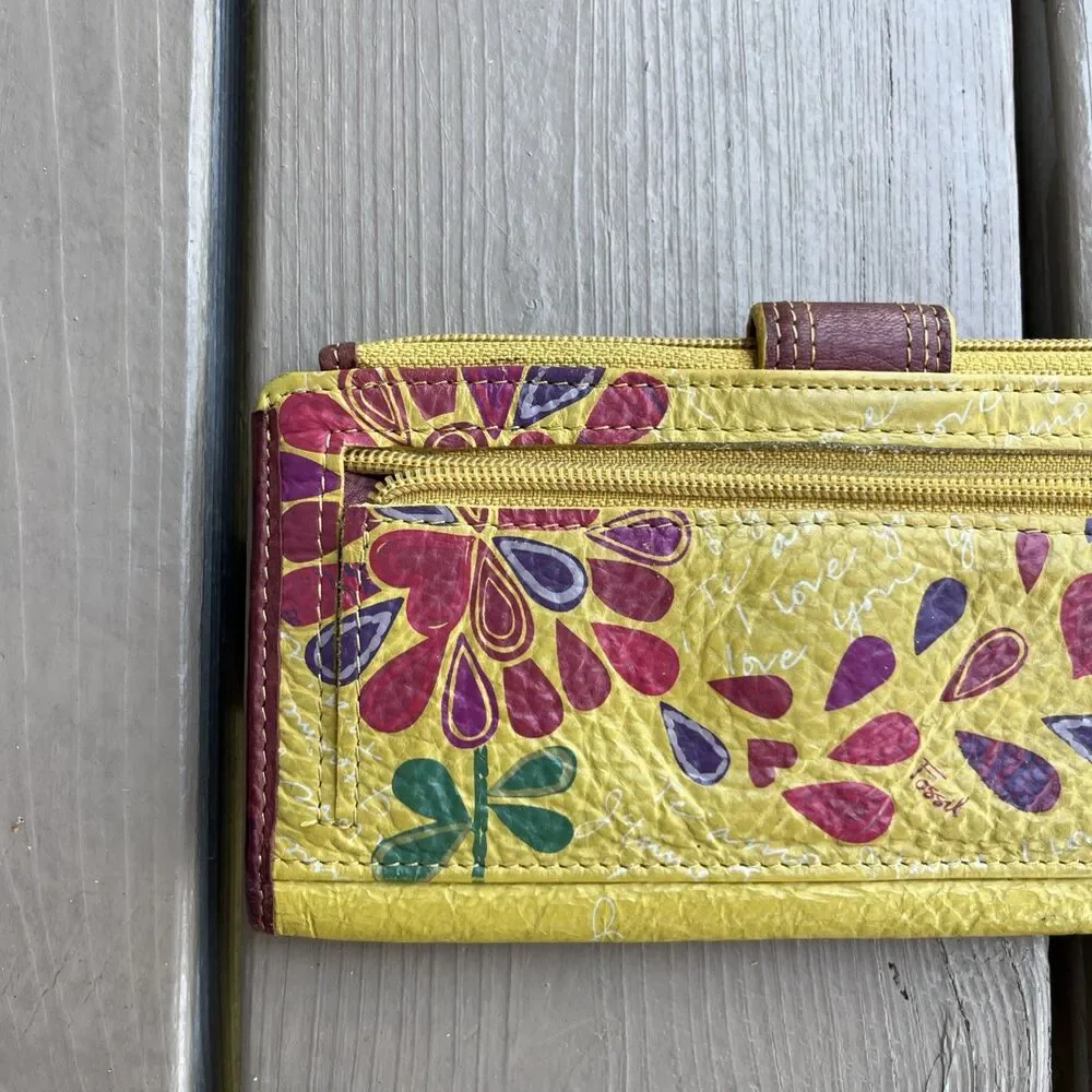 FOSSIL Vintage Women's Floral Leather Wristlet Clutch Wallet Yellow Zippered